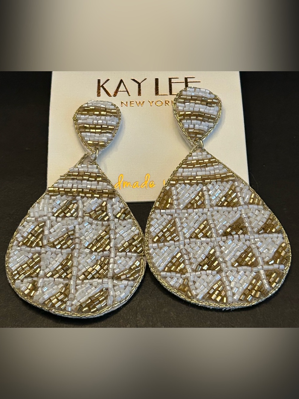 Kay Lee White and Gold Hand Beaded Boho Design Teardrop Earrings